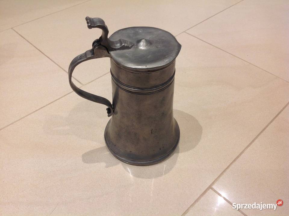 Stary Kufel cynowy z klapką sygnowany inny kolor Nowa Sól