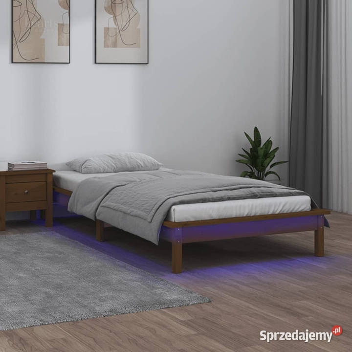 Rama łóżka z LED miodowy brąz lite drewno 90x200 mazowieckie Warszawa