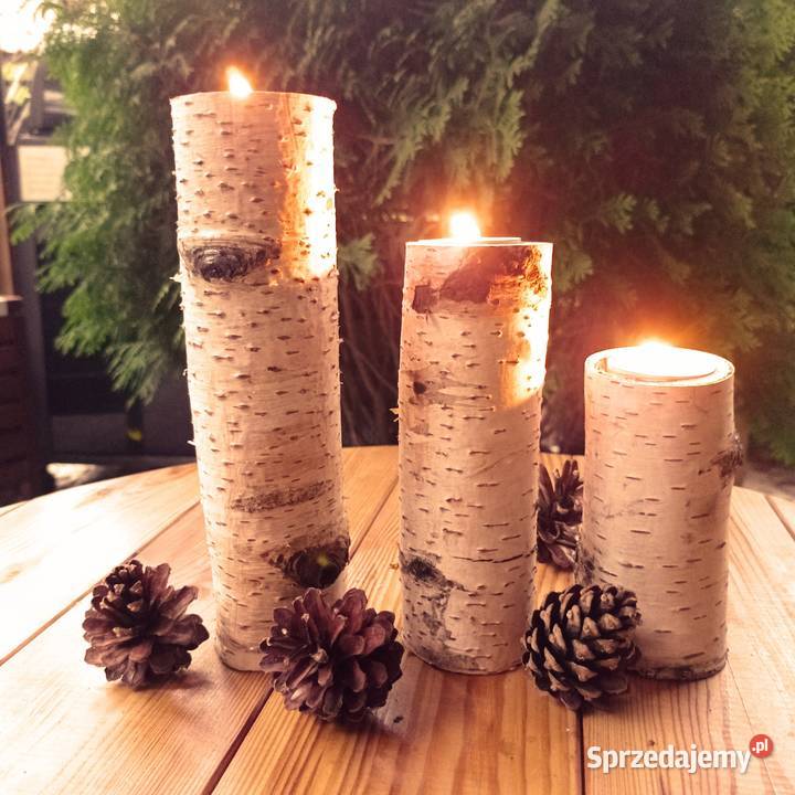 Sprzedam trzy świeczniki naturalne drewno Konin sprzedam