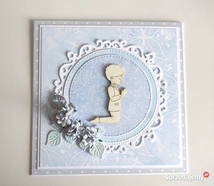 Kartka ręcznie robiona Komunia Święta niebieska łódzkie Łódź