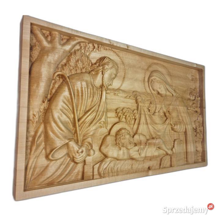 Drewniana płaskorzeźba Święta Rodzina Boże Malechowo