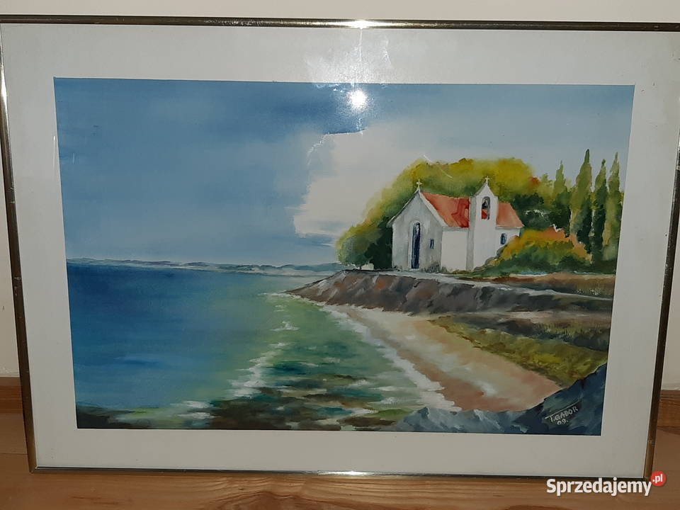 Obraz akwarela oryginał 50x70 Morze kościół Cypr Oświęcim