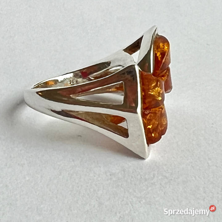 Srebrny pierścionek KOKARDA 925 piękne BURSZTYNY Warszawa