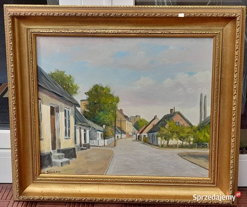 E. Jönsson „Widok na miasteczko” piękny obraz olejny