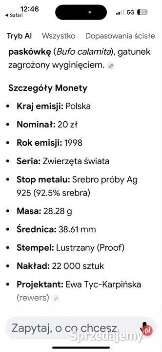 Moneta kolekcjonerska Ropucha Paskówka