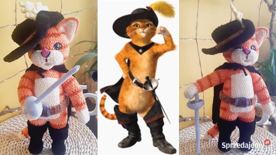 Szydełkowy kot z bajki kot w butach Puss in Kraków