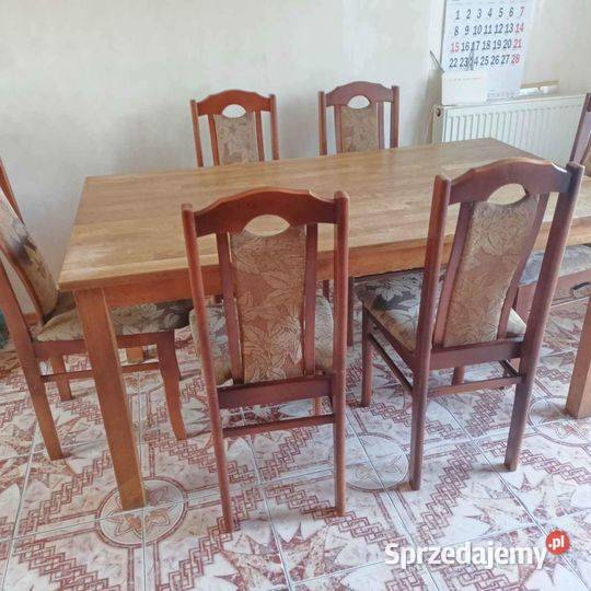 Stół dębowy jasny 160x90 cm z krzesłami tapicerowanymi
