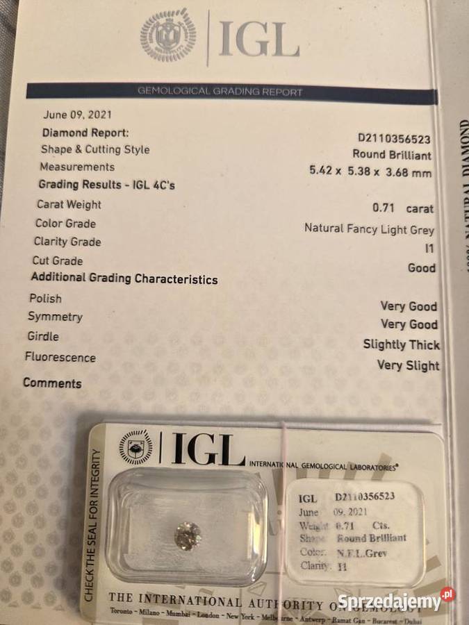 Diament naturalny 071 ct certyfikat IGL OKAZJA Pozostałe świętokrzyskie Nowy Korczyn