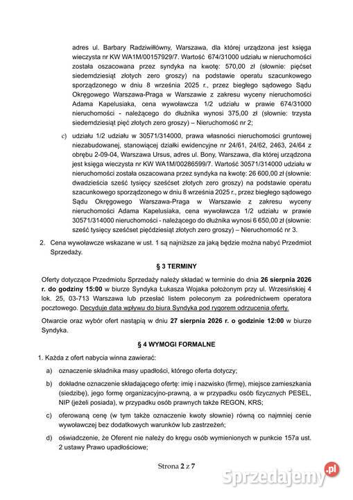 Syndyk sprzeda udziały w drogach w Warszawie 1m2 Warszawa