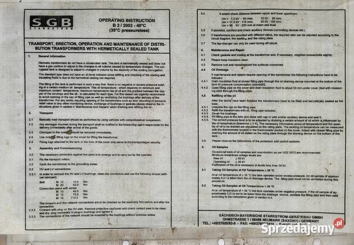 Transformator olejowy SGB 800 kVA 1575 kV 0693 Władysławowo