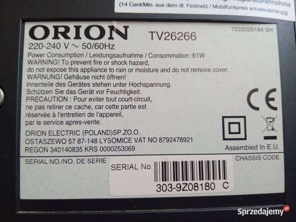 Sprzedam używany telewizor ORION 26 Nowy Tomyśl sprzedam