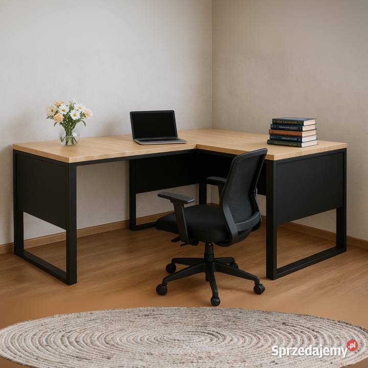 Biurko Narożne Drewno Dębowe Stalowy Stelaż z