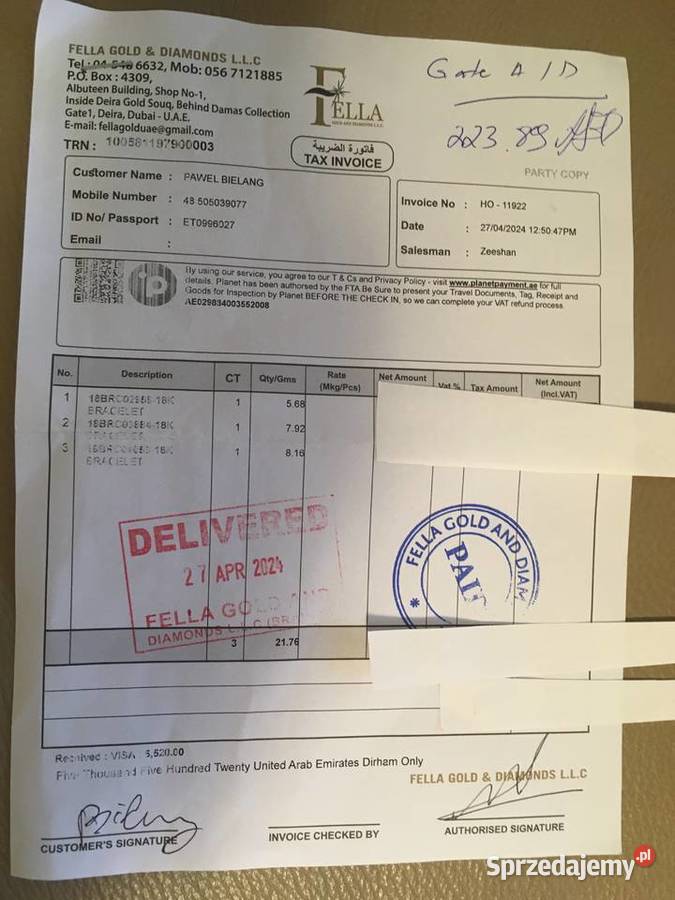Nowa bransoletka żółte 18k złoto z certyfikatem sprzedam