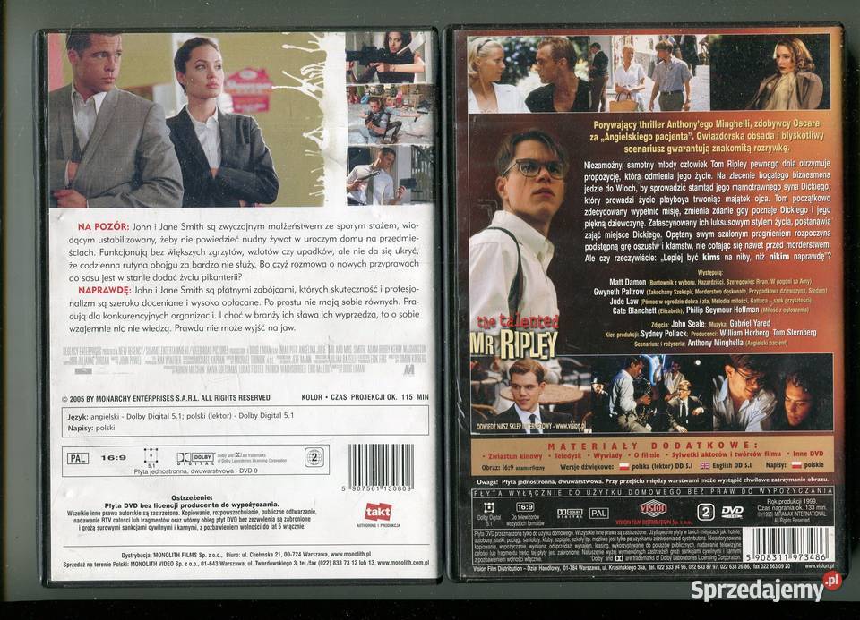 Mr Mrs Smith Utalemtowany Pan Ripley 2 filmy DVD Szczecin sprzedam