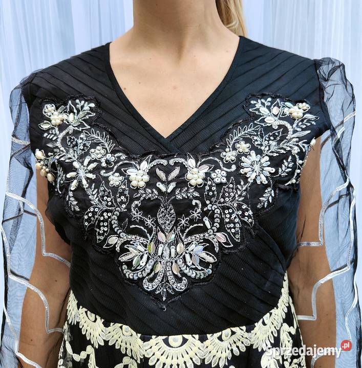 Czarna suknia balowa L 40 kwiaty floral Szczecin sprzedam