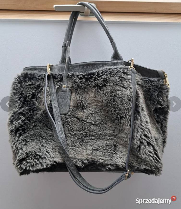 Torebka shopper z futerkiem szaroczarna pojemna