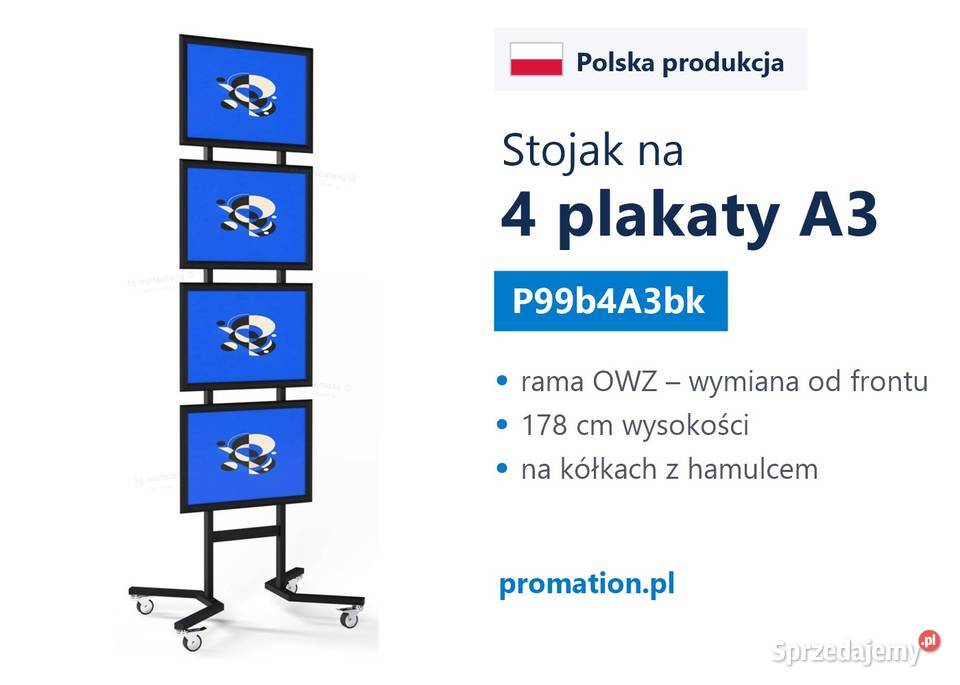 Mobilny czarny stojak na 4 plakaty A3 z ramami Kraków