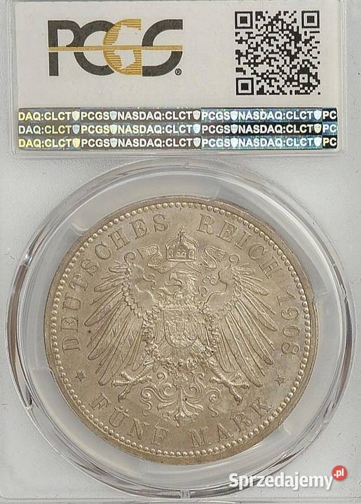 5 Marek 1908 r Saksonia PCGS MS 65 WYSOKA NOTA warmińsko-mazurskie Węgorzewo