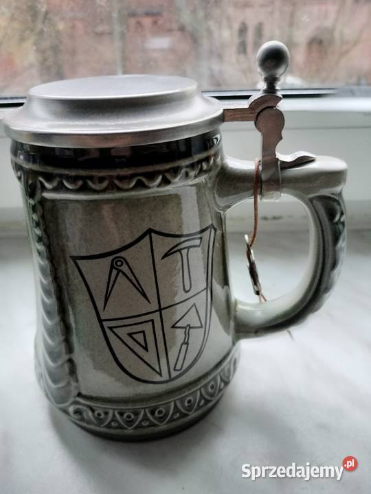 Duży kufel gliniany z deklem z cyny Jerz Pozostałe