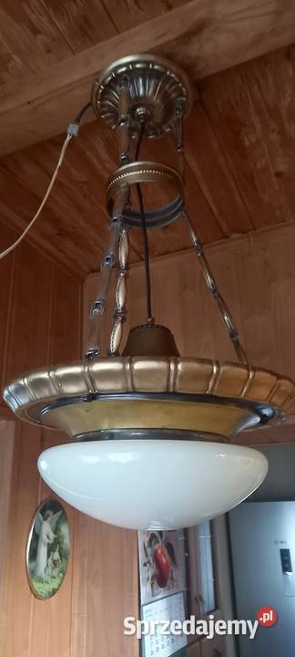 Stara wisząca lampa z mosiądzu duży klosz ampla Skierniewice