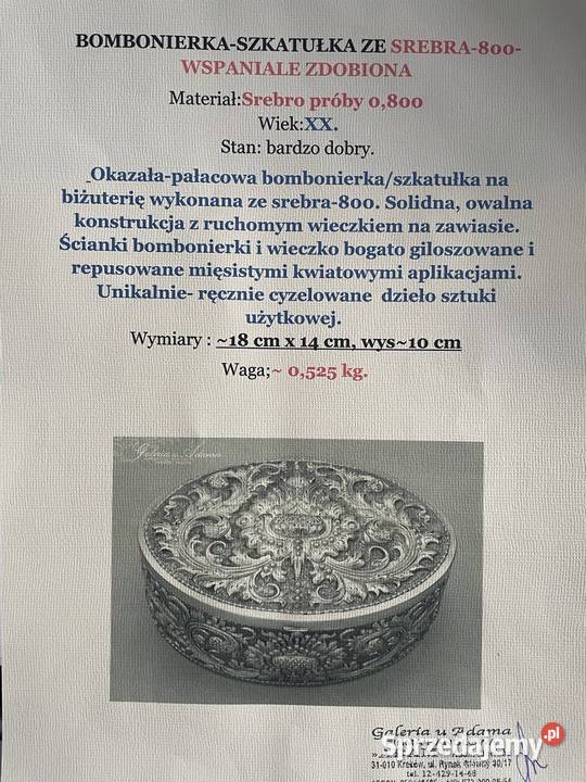 Srebro szkatula palacowa proba 800 Srebro Antyki Jelenia Góra