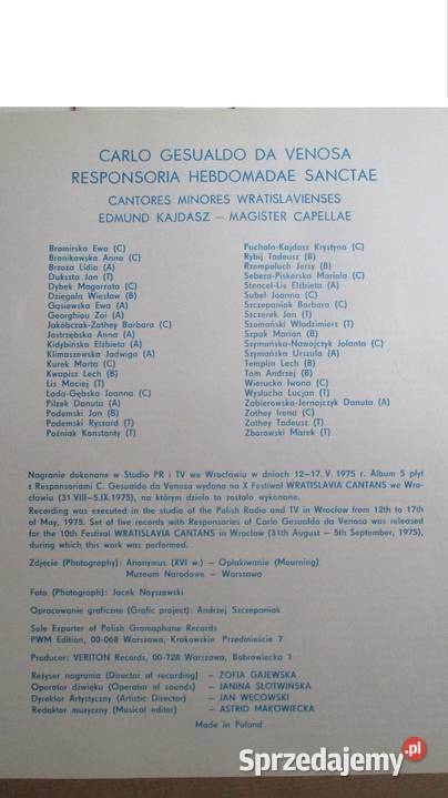 Carlo Gesualdo da VenosaResponsoria Kajdasz 5LP łódzkie Łódź