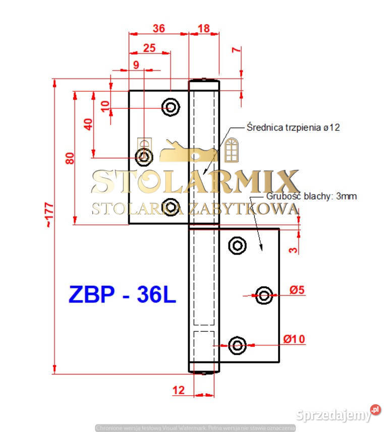 Zawias do starych drzwi bezprzylgowych ZBP 36L Zawiasy Paterek
