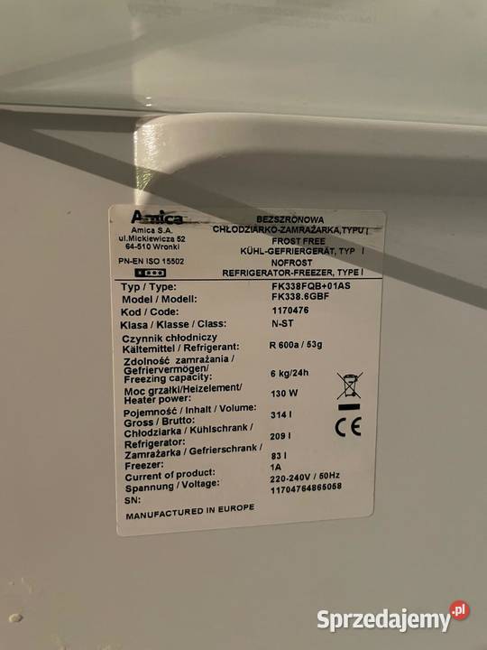 Lodówka Amica FK3386GBF z zamrażalnikiem dolnym wolnostojące Kraków