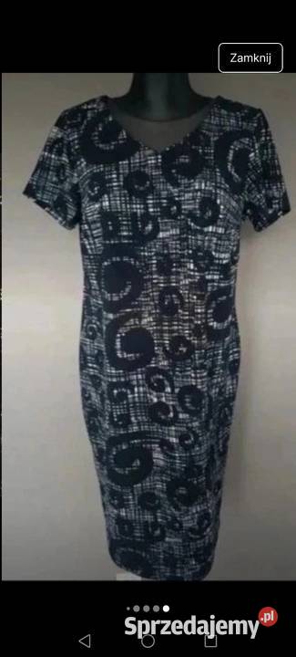 Sukienka granatowa wzór vintage krótki rękaw Krosno