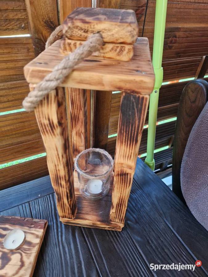 Rustykalny lampion z drewna z odzysku Handmade śląskie Pszów