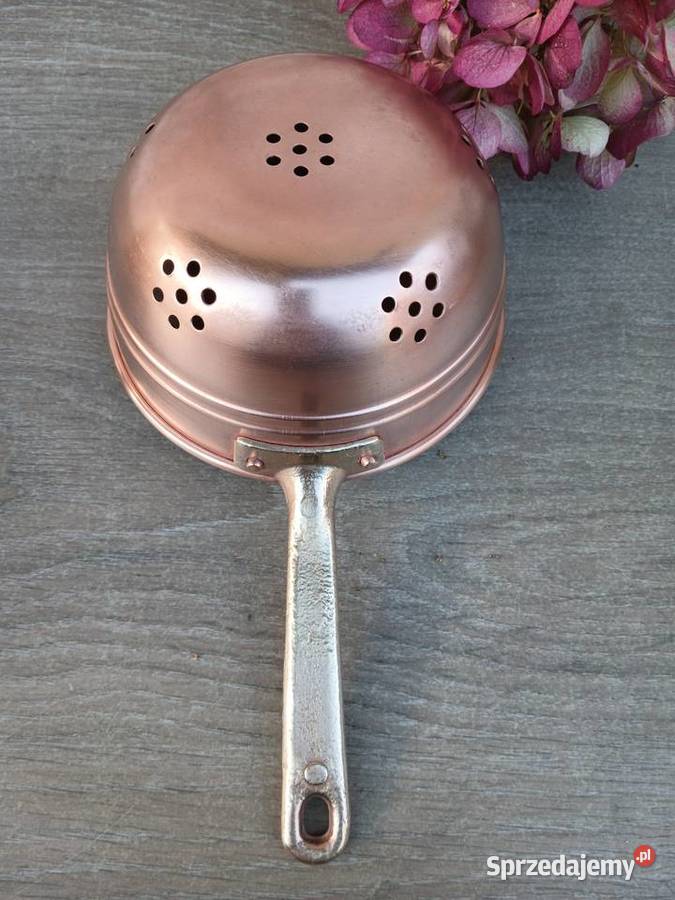 Małe miedziane sitko durszlak z mosiężną rączką Sitka i cedzaki mazowieckie sprzedam