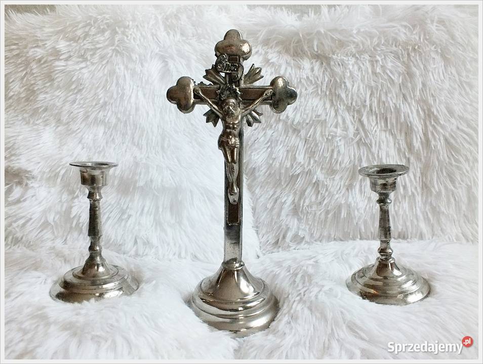 Oryginalny stary metalowy krzyż i dwa świeczniki Żary