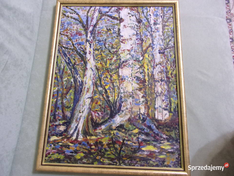 ładny stary olejny obraz Brzozowy Las rama Warszawa sprzedam