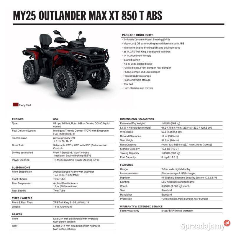 CanAm Outlander XT 850 T ABS 2025 fiery red 4SSD Can-Am sprzedam