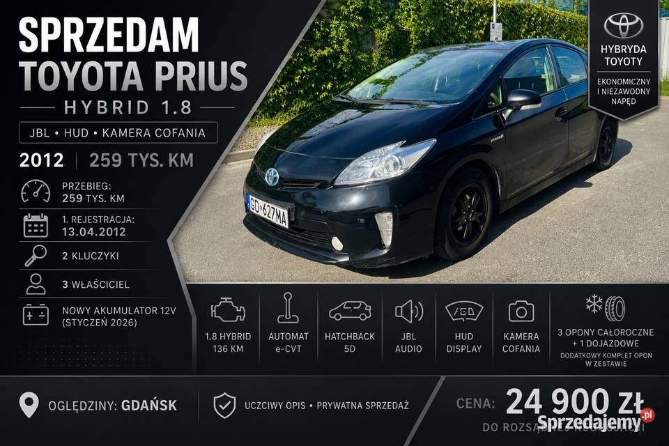 Toyota Prius Hybrid 18 JBL HUD Kamera 2 kluczyki nieuszkodzony Gdańsk sprzedam