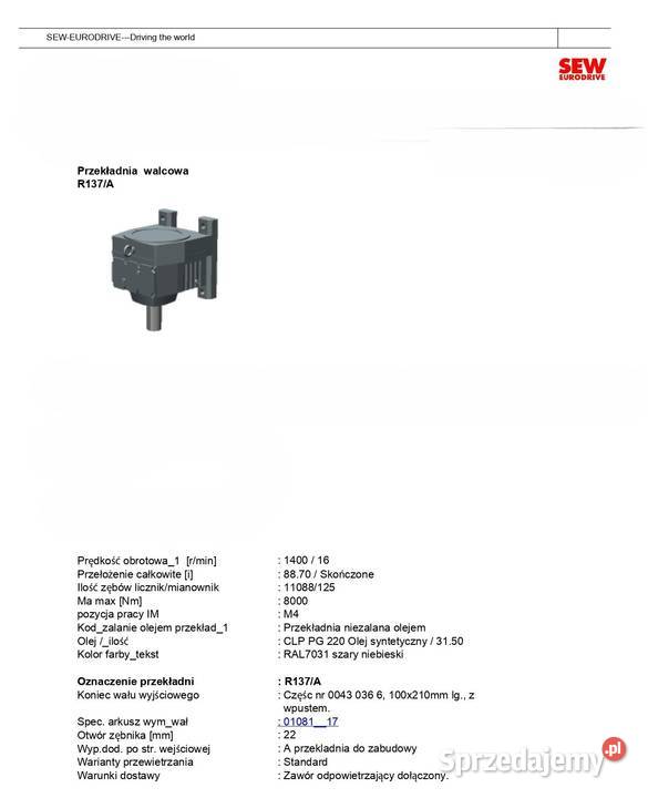 motoreduktor przekładnia 75kW 16obr SEW Pigża
