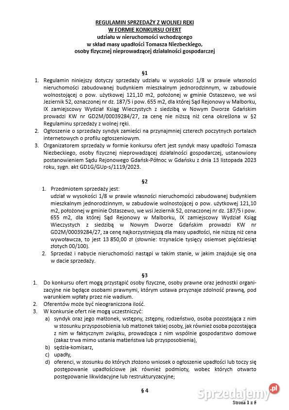 Syndyk sprzeda udział 18 nieruchomości Jeziernik pomorskie