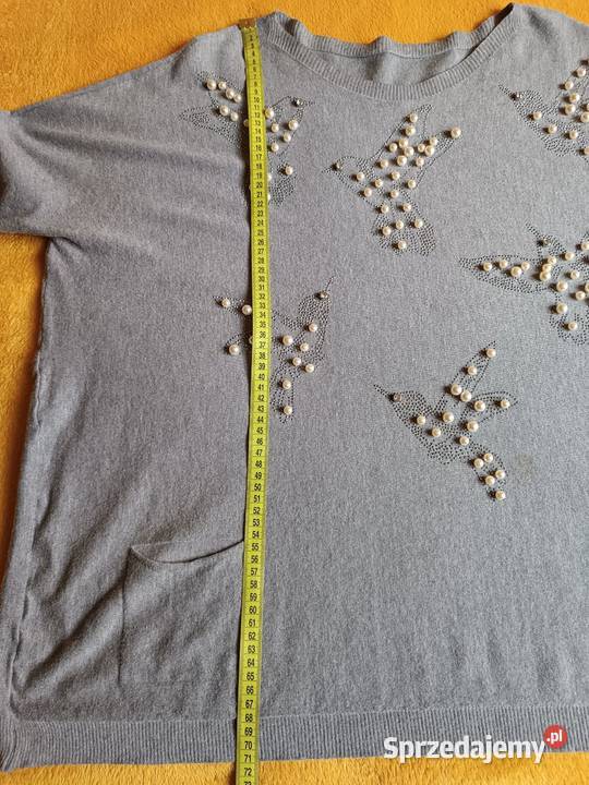 Sweter szary z ozdobnymi perełkami wiskoza Inny materiał Cieszyn