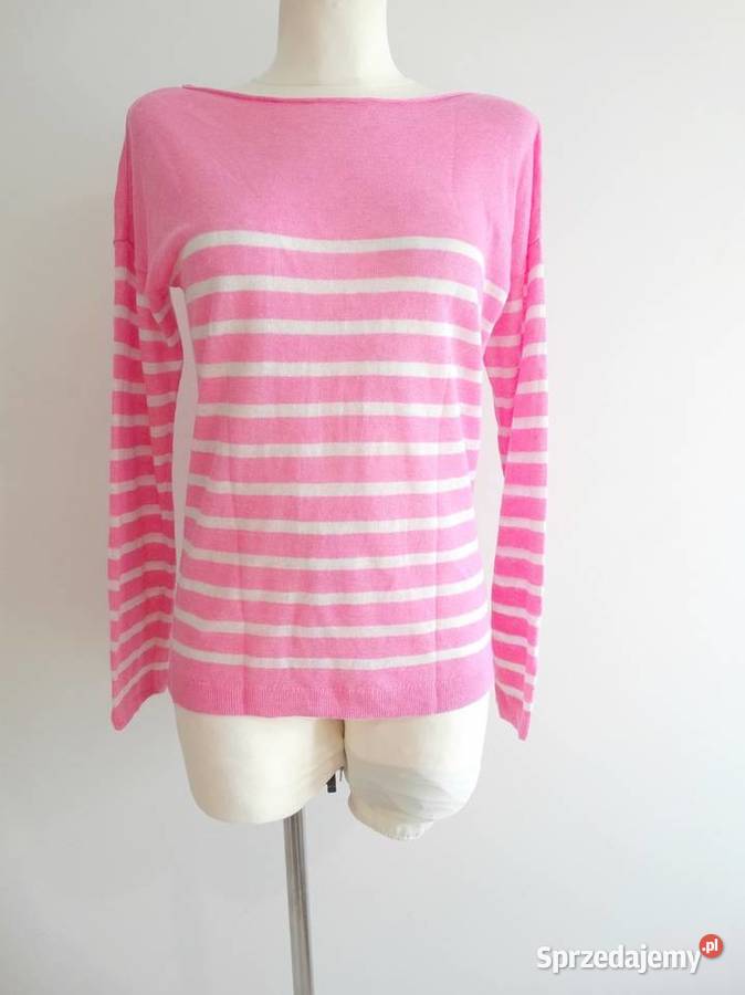 Sweter Lniany 100 Len Modne Paski Różowy Bluzka biały Łomża