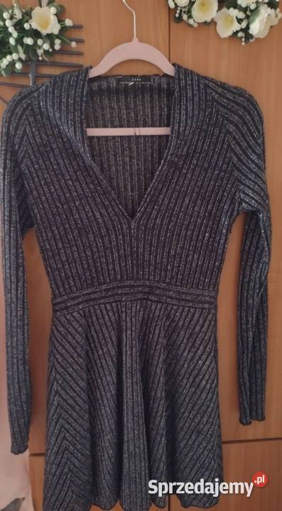 38M ZARAGranatowosrebrna sukienka dzianinowa Bez wzoru Kraków sprzedam