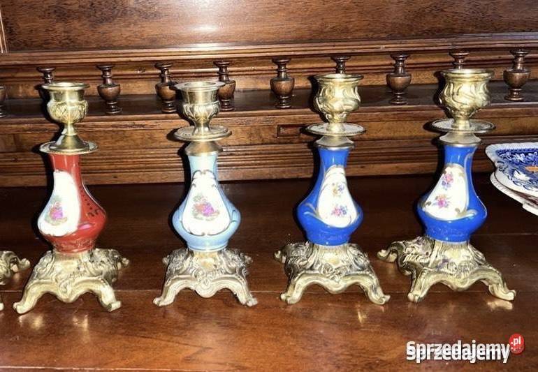 Świecznik porcelana i mosiądz Bordowa niebieska Gdańsk