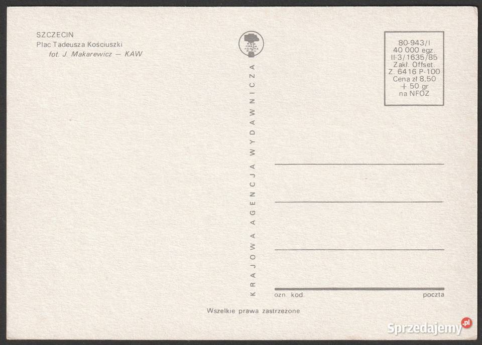 SZCZECIN PLAC KOŚCIUSZKI 1985 BEZ OBIEGU łódzkie Łódź