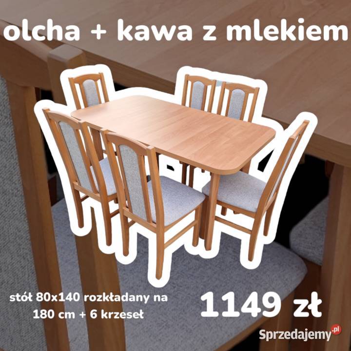 Nowe: Stół 80x140/180 + 6 krzeseł, OLCHA + KAWA Z MLEKIEM