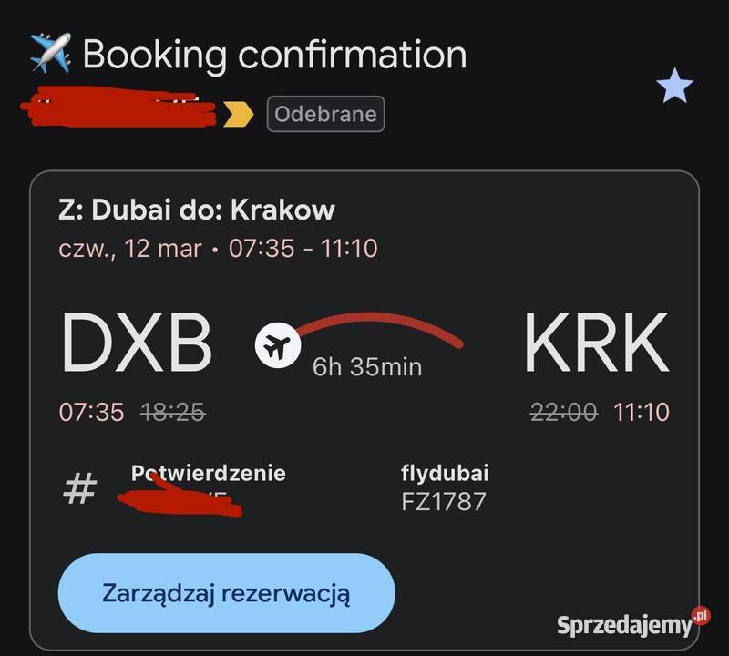 2 Bilety lotnicze Dubaj DXB Kraków KRK sprzedam