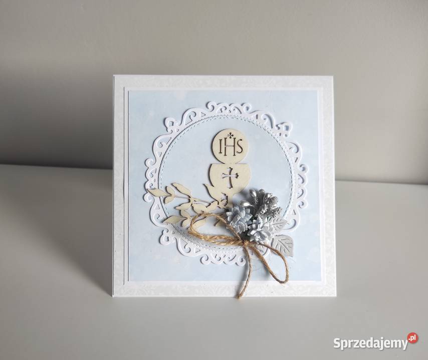 Kartka ręcznie robiona Komunia Święta niebieska Łódź