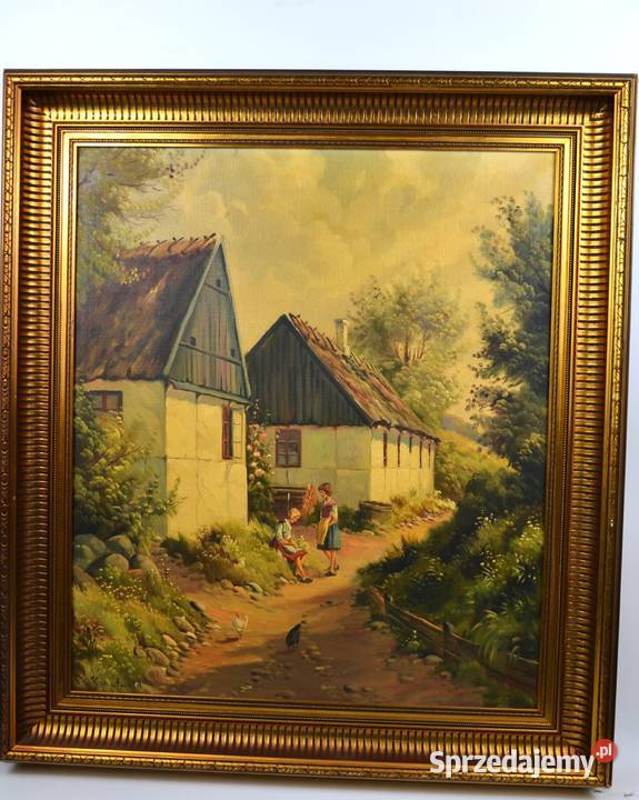 Wiejska scena olej na płótnie Kjeld Krautwald Bronisze