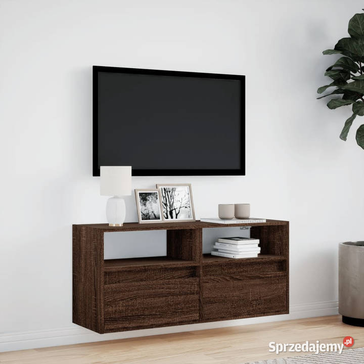 Ścienna szafka TV z LED brązowy dąb 100x31x45 mazowieckie Warszawa