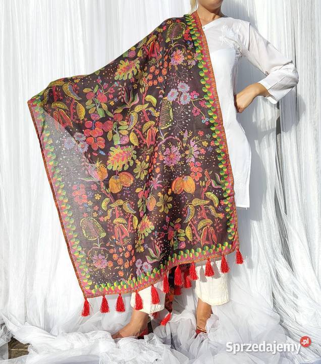 Duży szal pashmina chusta czarny kolorowy wzór sprzedam