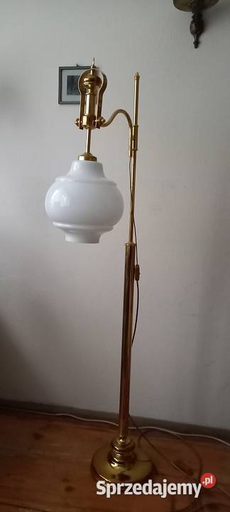 Mosiężna lampa podłogowa z kloszem ruchome ramię
