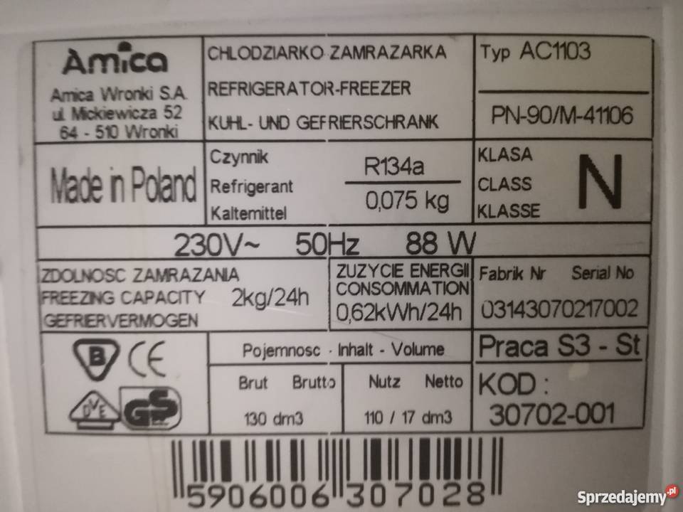 Lodówkozamrażarka 130l Amica AC1103 używana